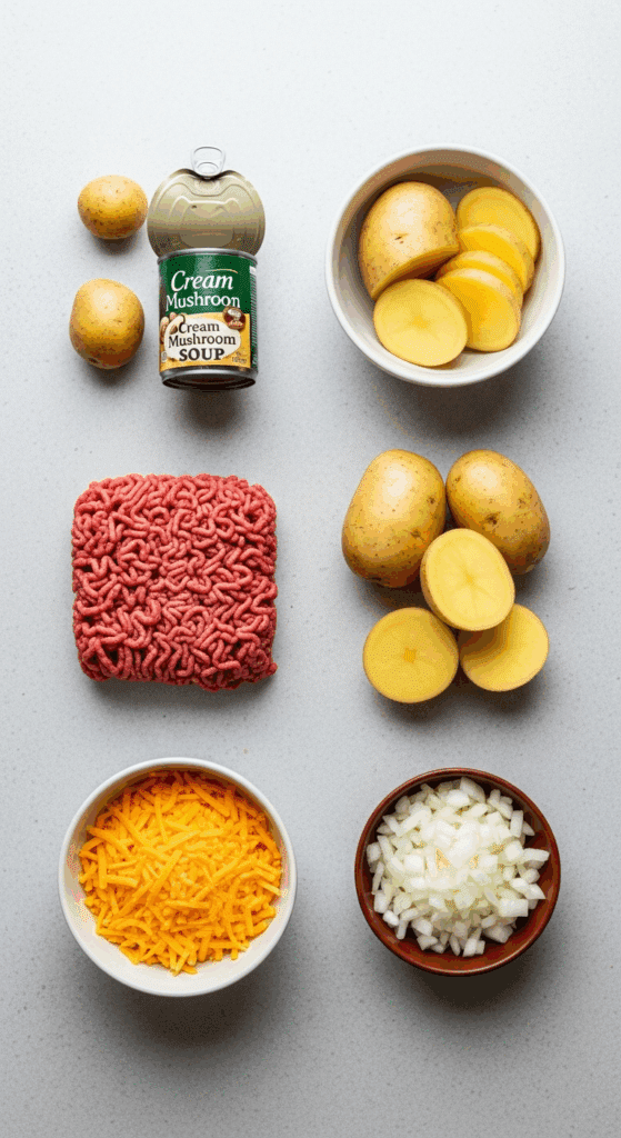 Overhead view of the five ingredients needed for the casserole: ground beef, potatoes, canned soup, shredded cheese, and onions arranged on a counter.