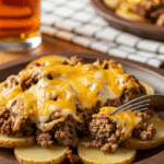A plated serving of cheesy hamburger and potato casserole with a fork, set on a dinner table in a cozy atmosphere.