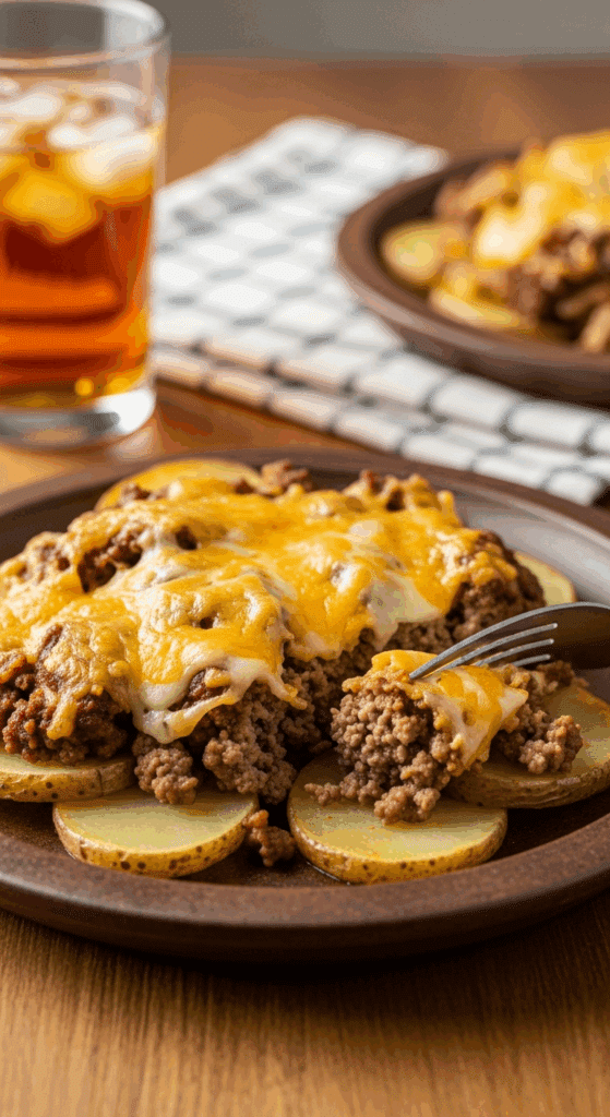 A plated serving of cheesy hamburger and potato casserole with a fork, set on a dinner table in a cozy atmosphere.