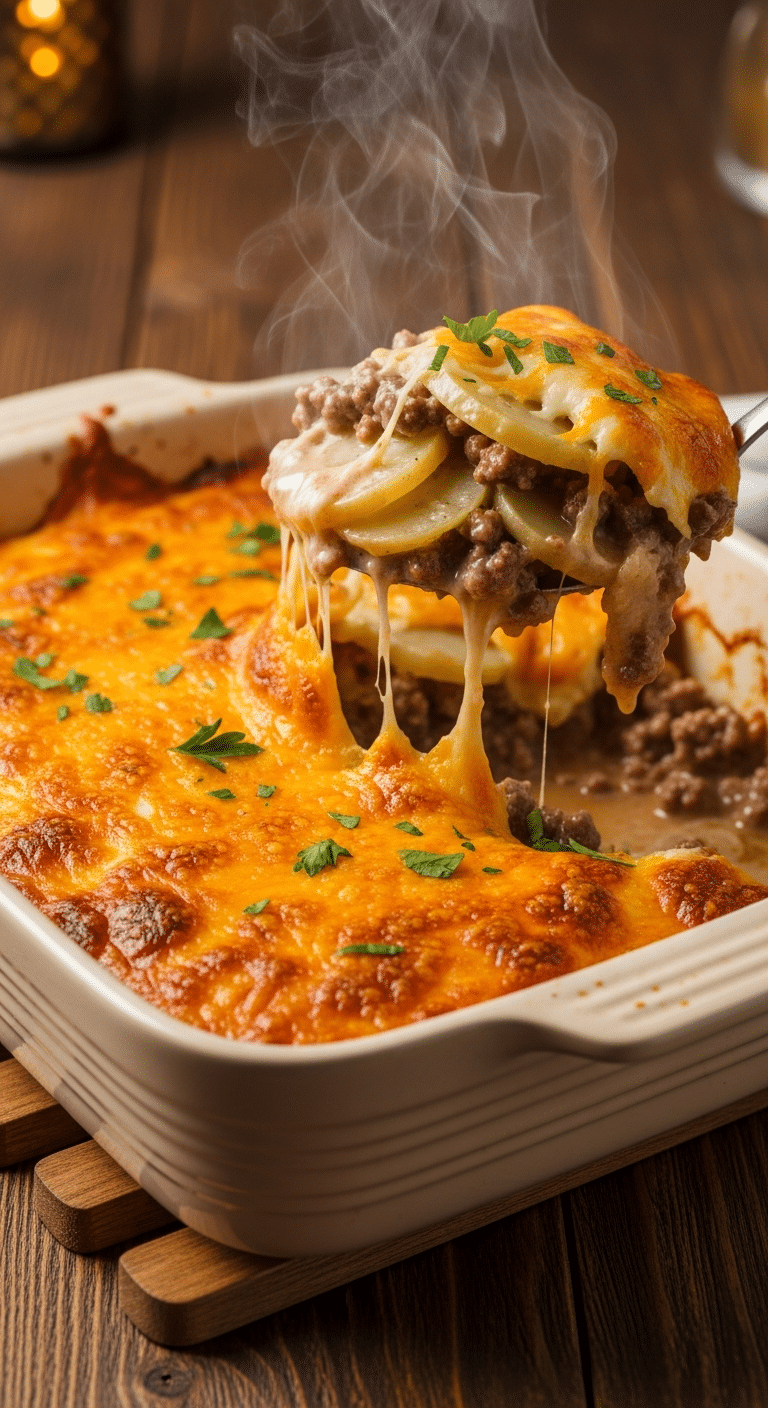 Freshly baked hamburger and potato casserole in a ceramic dish with a golden cheesy crust, with a scoop being lifted to show the creamy beef and potato filling.