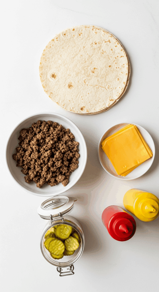 Ingredients for simple cheeseburger wraps laid out on a counter: tortillas, cooked ground beef, cheese slices, pickles, and condiments.