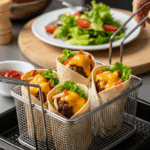 Freshly cooked crispy cheeseburger wraps inside an open air fryer basket on a kitchen counter, ready to be served.