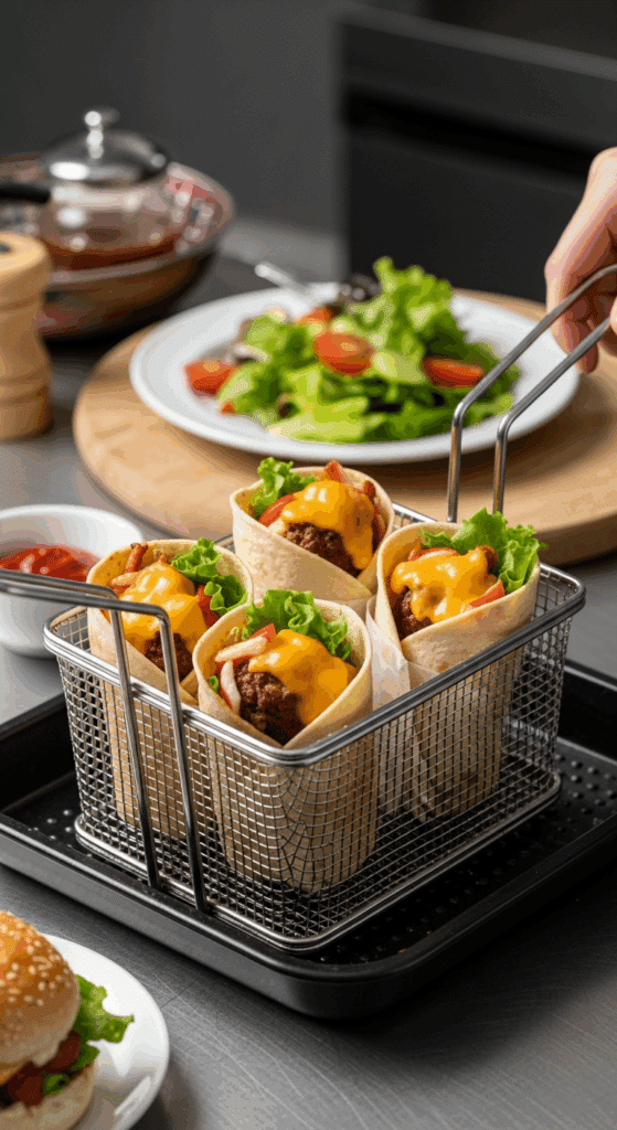 Freshly cooked crispy cheeseburger wraps inside an open air fryer basket on a kitchen counter, ready to be served.