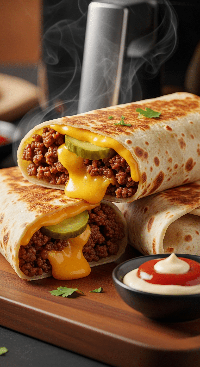 Golden crispy air-fried cheeseburger wraps, with one cut open to show the melted cheese and ground beef filling, served on a wooden board with dipping sauce.