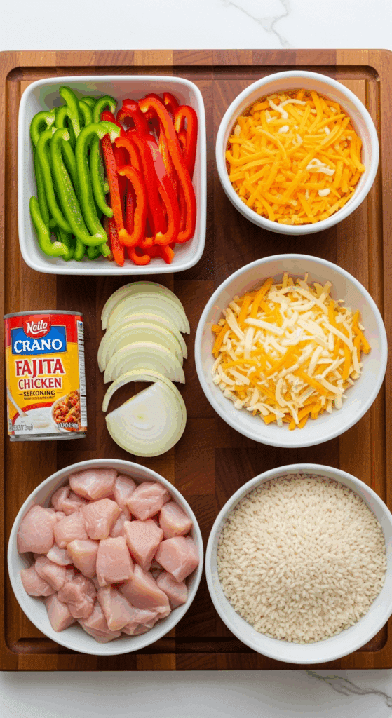 Ingredients for fajita chicken casserole: chicken, peppers, onions, cheese, seasoning, and rice.