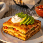 Plated slice of fajita chicken casserole garnished with sour cream and avocado, served with tortilla chips.