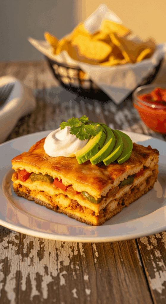 Plated slice of fajita chicken casserole garnished with sour cream and avocado, served with tortilla chips.