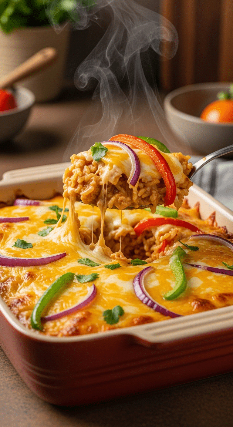 Baked fajita chicken casserole in a dish with melted cheese and colorful bell peppers, with a scoop being lifted.
