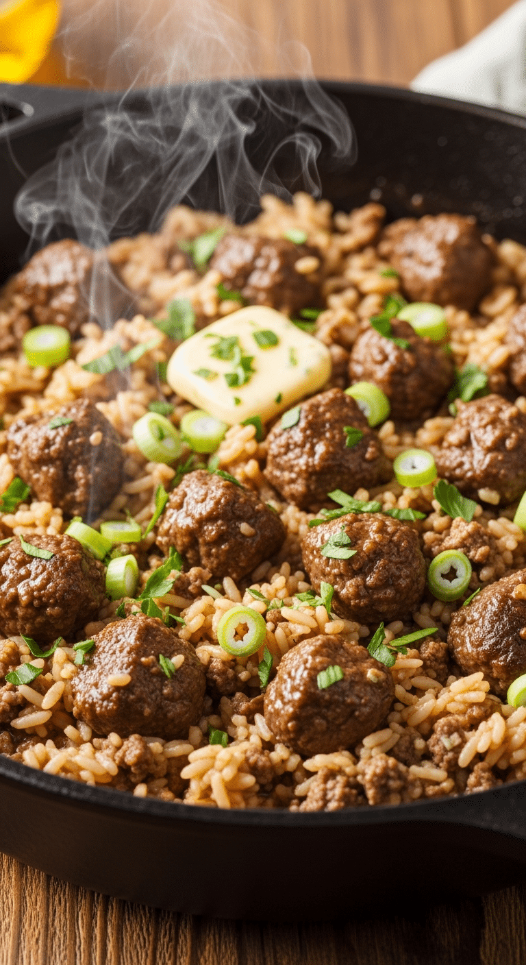 Cast iron skillet filled with garlic butter beef and rice garnished with green onions.
