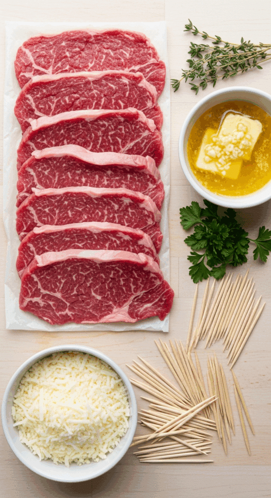 Ingredients for beef rollups: thin steak slices, garlic butter, fresh herbs, cheese, and toothpicks on a cutting board.