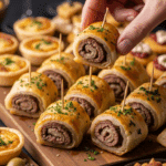 A hand picking up a garlic butter beef rollup appetizer with a toothpick from a serving board at a party.