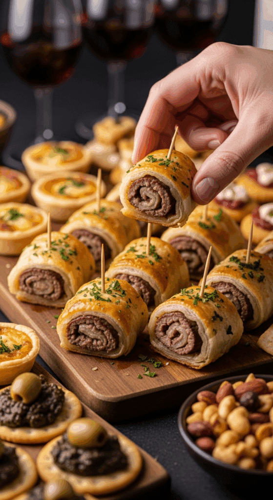 A hand picking up a garlic butter beef rollup appetizer with a toothpick from a serving board at a party.