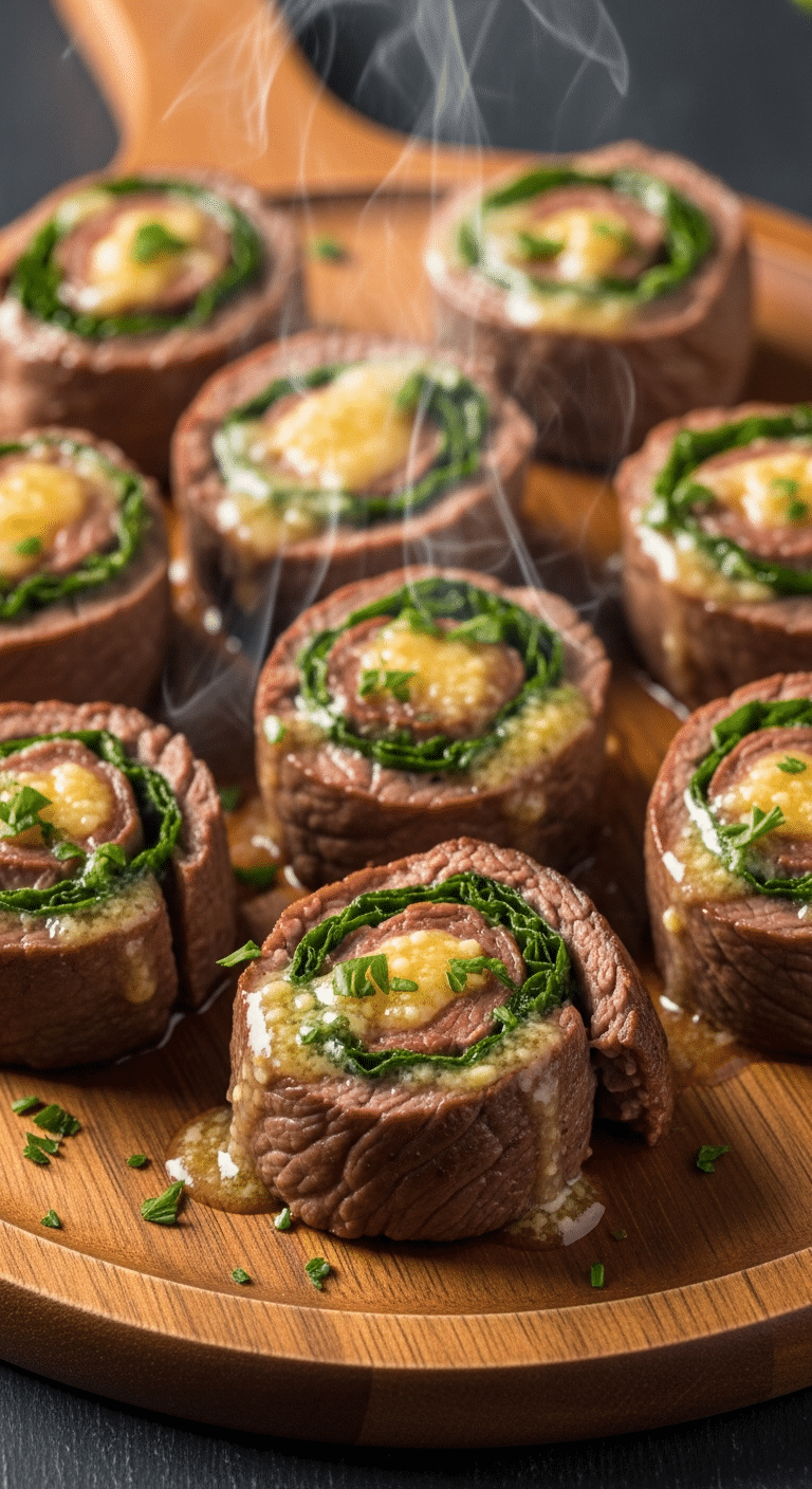 Seared garlic butter beef rollups arranged on a wooden platter, drizzled with sauce and fresh herbs.