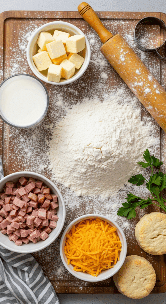 Overhead view of ingredients for savory biscuits: flour, cold butter, cheddar cheese, diced ham, buttermilk, and parsley arranged on a wooden board.