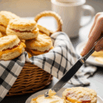 A basket of warm ham and cheese biscuits on a breakfast table, with one biscuit being buttered on a plate.