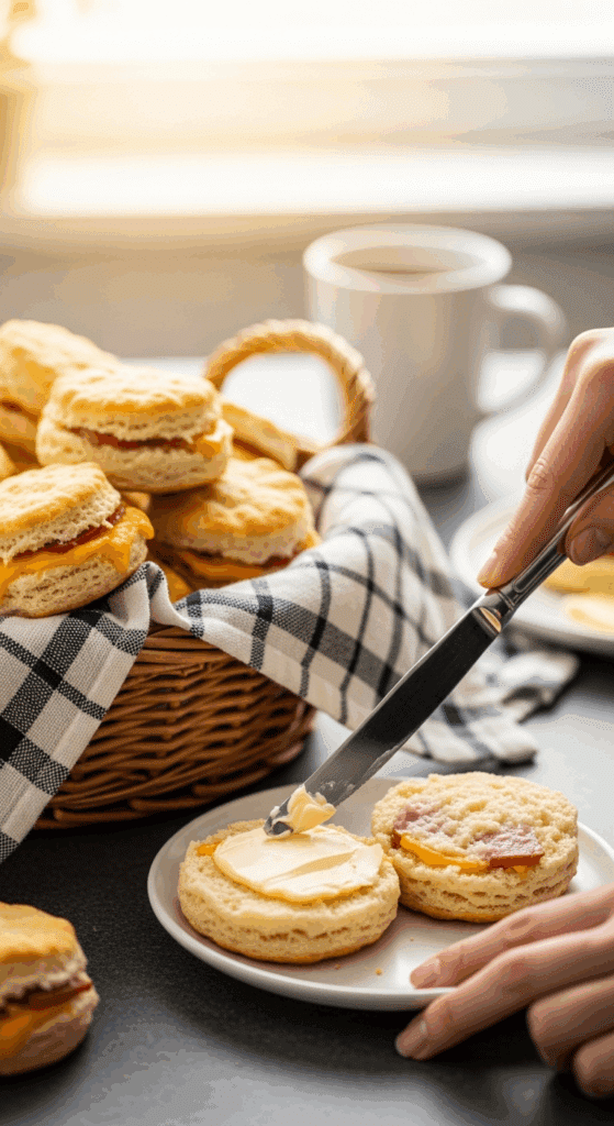 A basket of warm ham and cheese biscuits on a breakfast table, with one biscuit being buttered on a plate.