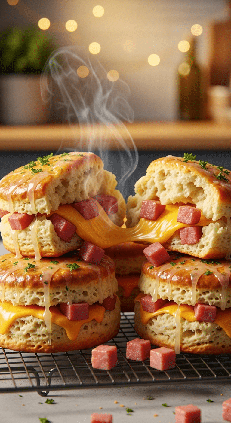A stack of golden-brown ham and cheese biscuits on a cooling rack, with one broken open to reveal the steaming, fluffy interior and melted cheese pockets.