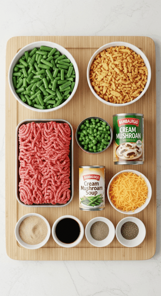 Ingredients for hamburger green bean casserole: ground beef, green beans, mushroom soup, fried onions, and cheese.