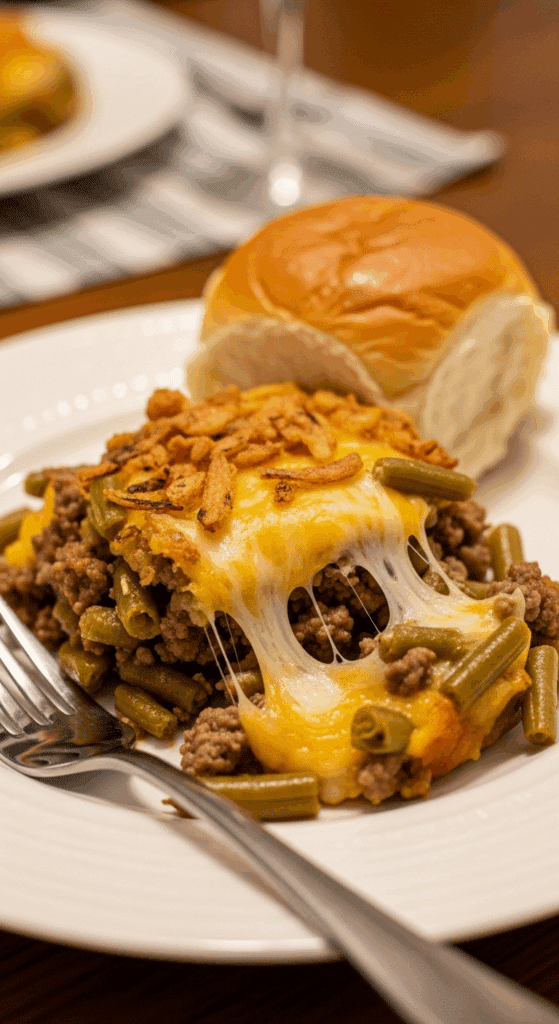Plated serving of hamburger green bean casserole with a fork and a dinner roll.