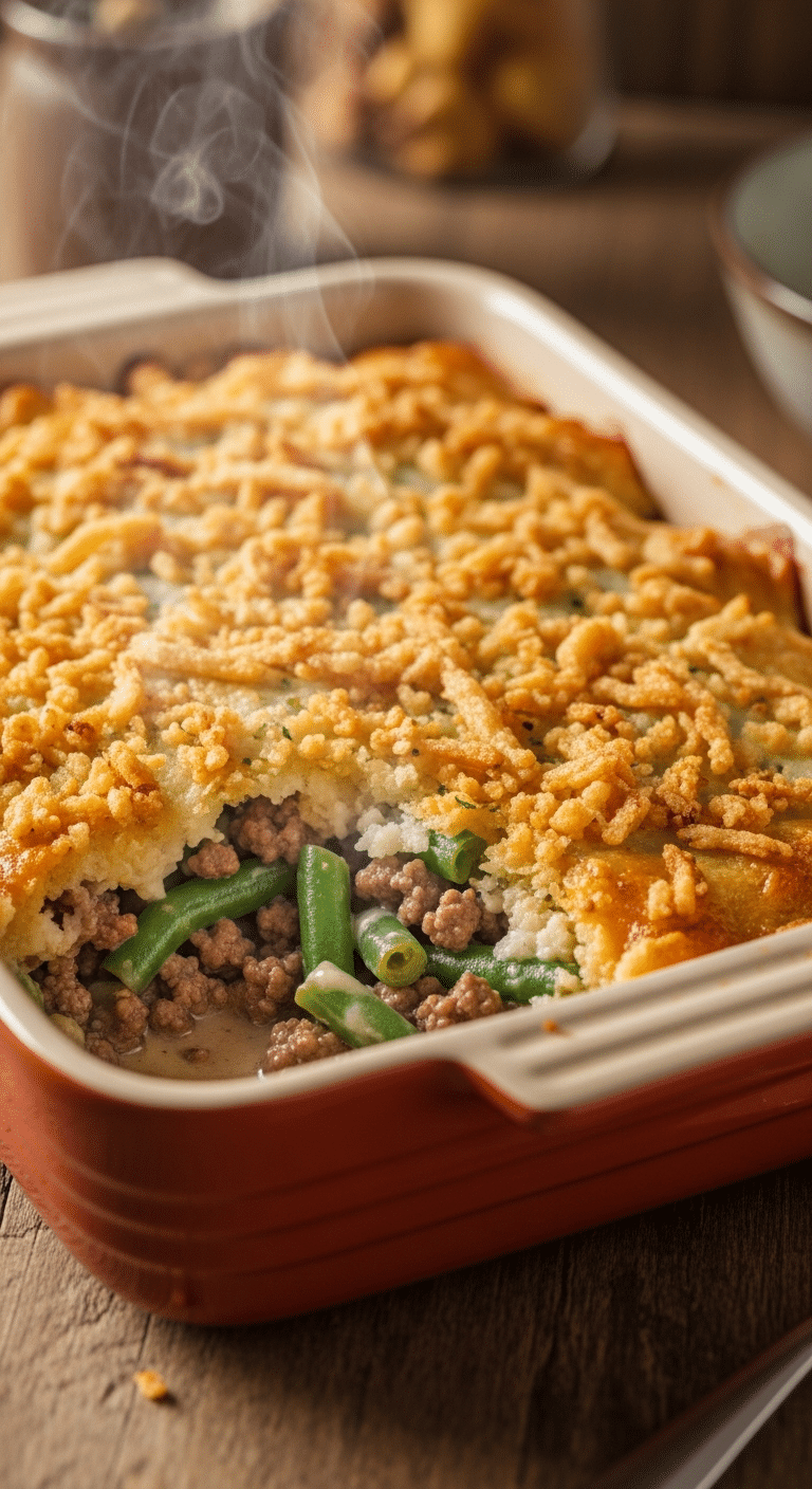 Rustic casserole dish filled with hamburger green bean casserole topped with crispy fried onions.