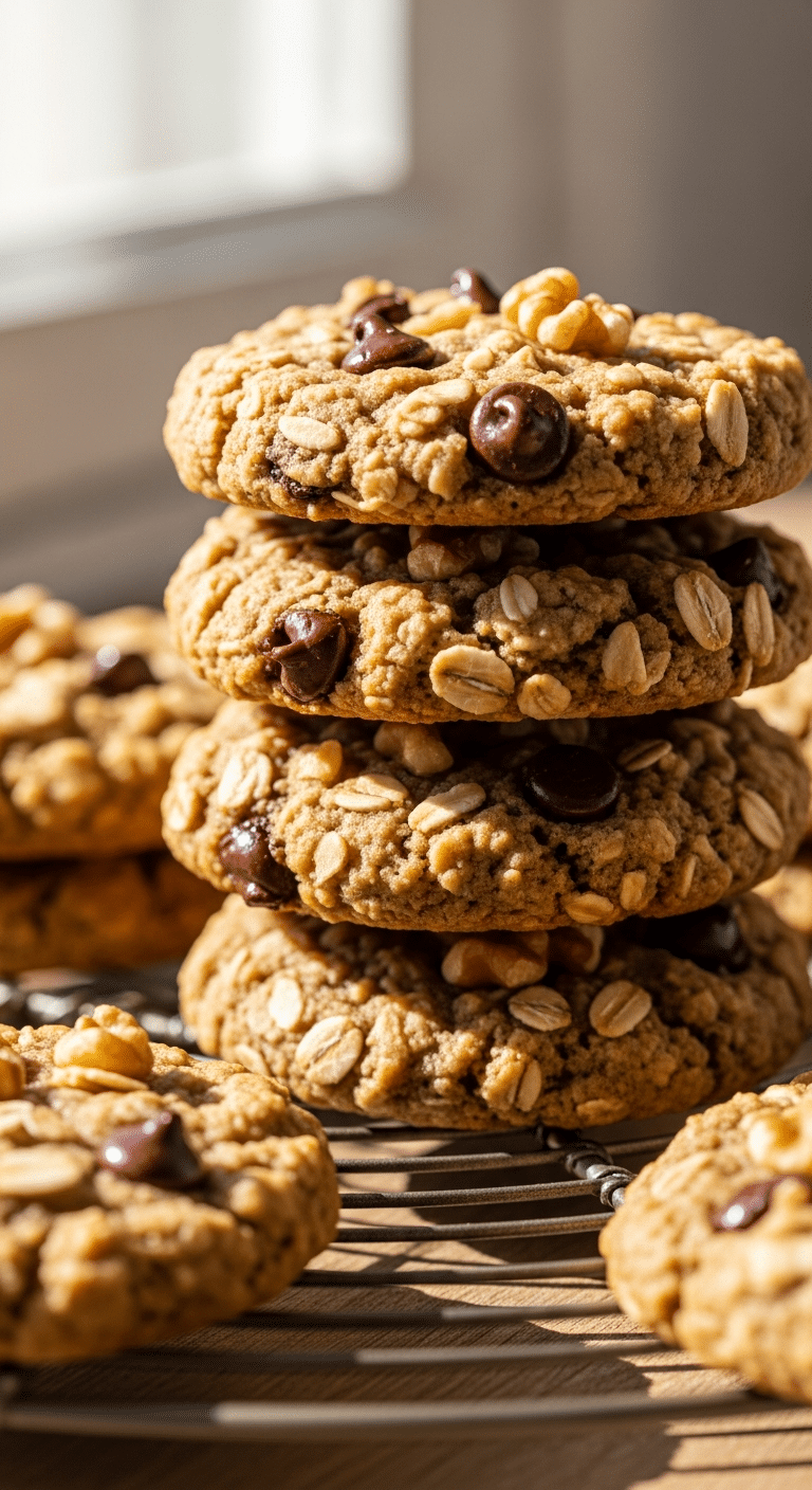Stack of healthy no-sugar oatmeal cookies with dark chocolate chips and walnuts.