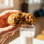 Hand holding a bitten healthy oatmeal cookie next to a glass of almond milk.