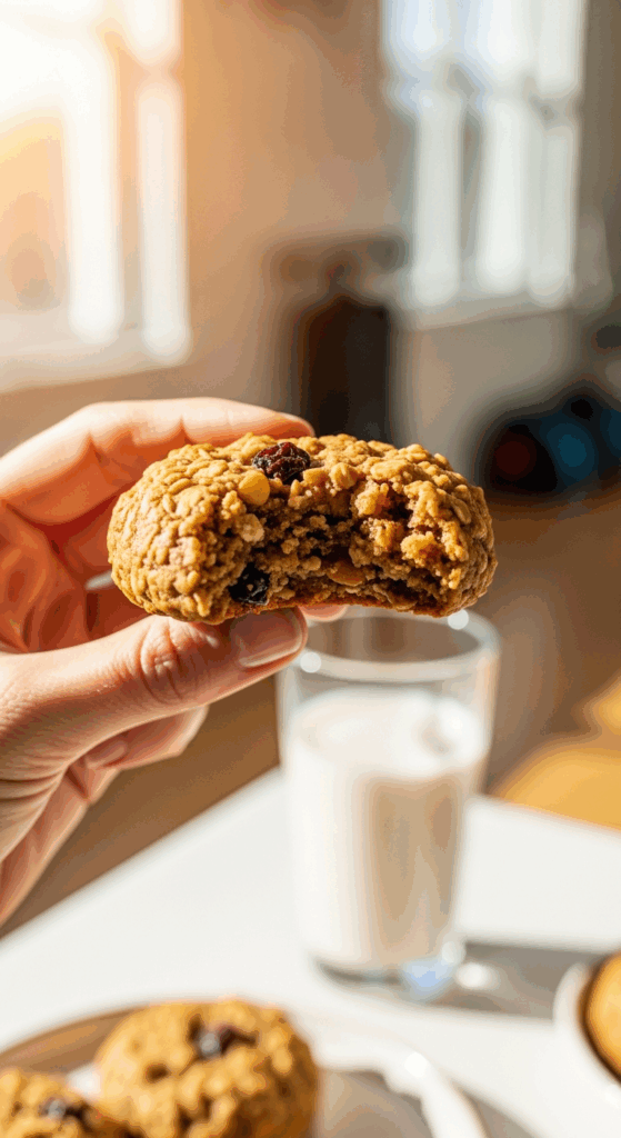 Hand holding a bitten healthy oatmeal cookie next to a glass of almond milk.