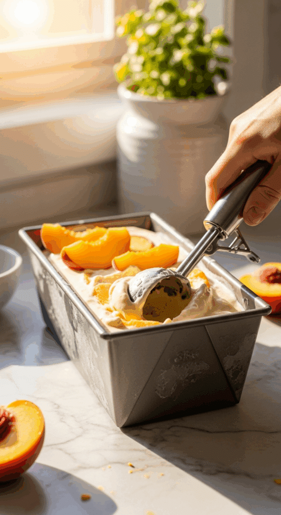 An ice cream scoop taking a serving from a loaf pan filled with homemade no-churn peach ice cream.