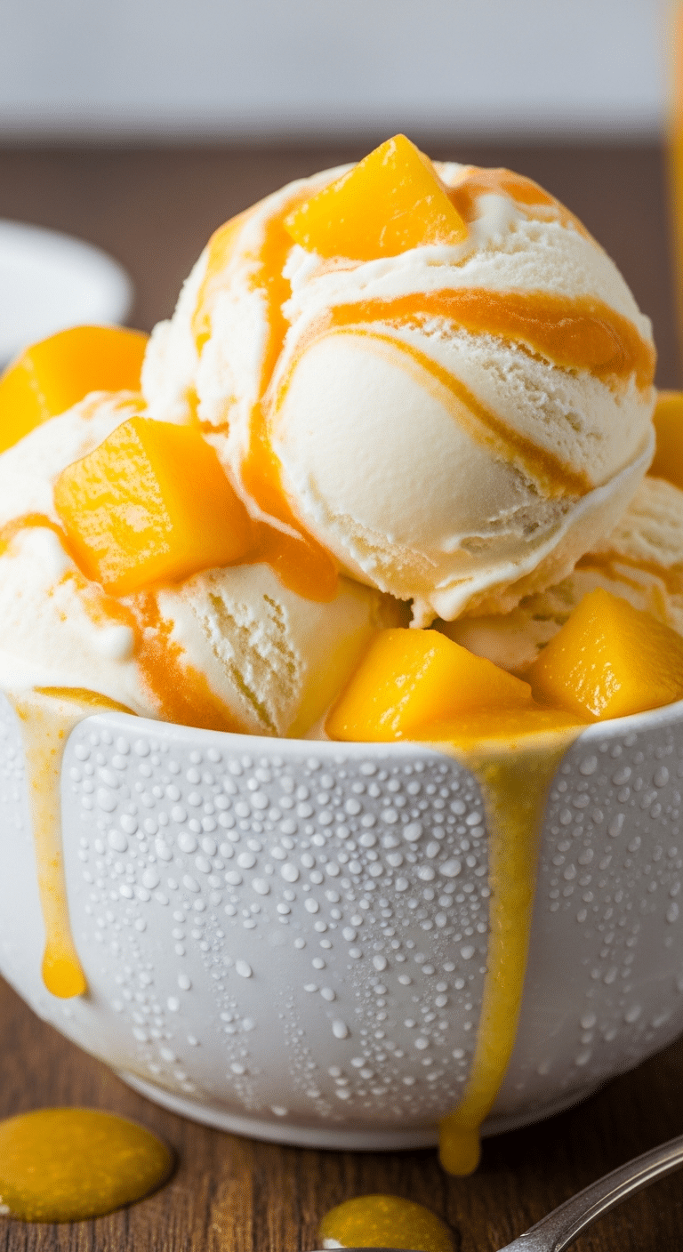 Scoop of creamy no-churn peach ice cream in a bowl with fresh peach chunks and sauce.