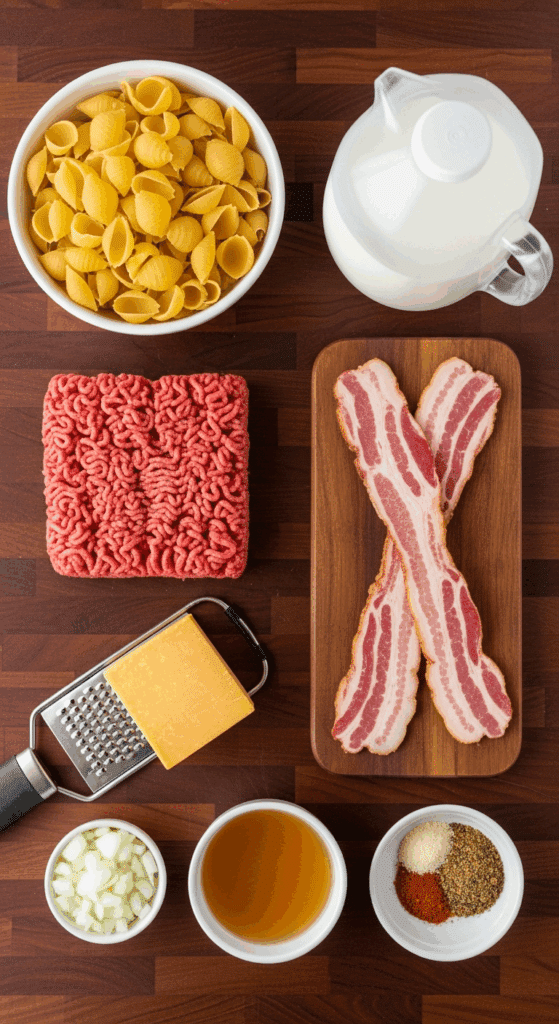 Overhead view of ingredients for cheeseburger pasta arranged on a wooden counter: raw pasta, ground beef, bacon strips, cheddar cheese, cream, broth, and spices.