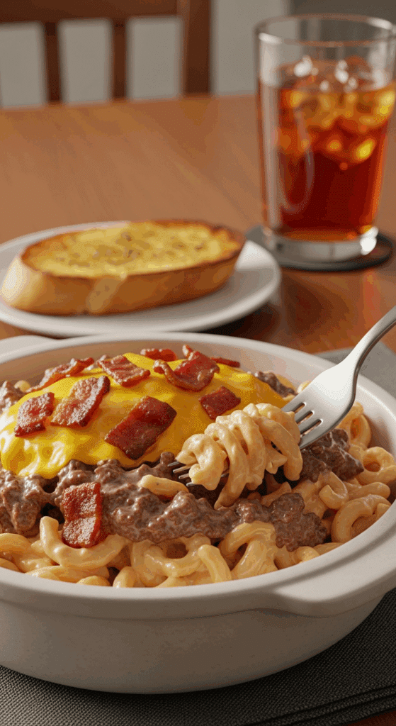 A bowl of creamy bacon cheeseburger pasta plated for dinner with a fork, set on a wooden table with garlic bread in the background.