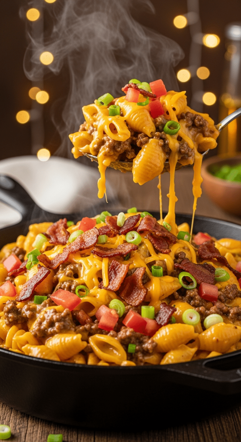 A large skillet filled with creamy cheeseburger pasta, heavily loaded with toppings of crispy bacon bits, melted shredded cheddar, tomatoes, and green onions.