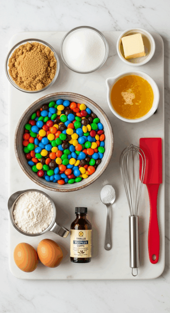 Ingredients for M&M cookie bars: M&Ms, brown sugar, flour, butter, and eggs.