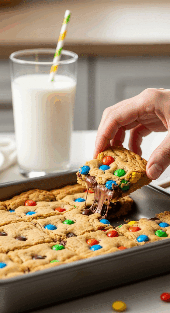 9x13 baking pan of cut M&M cookie bars with a hand taking a square.