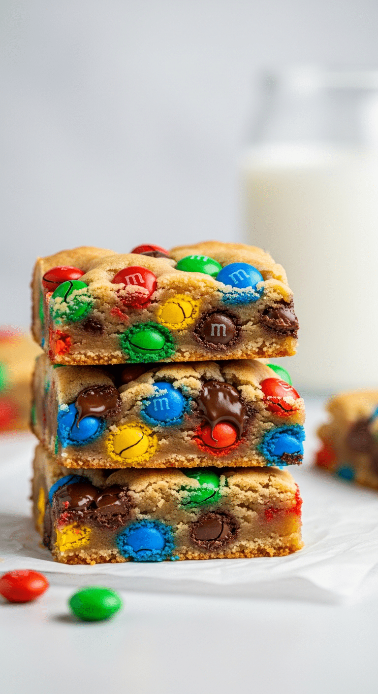 Stack of thick and chewy M&M cookie bars with colorful candies and melted chocolate.