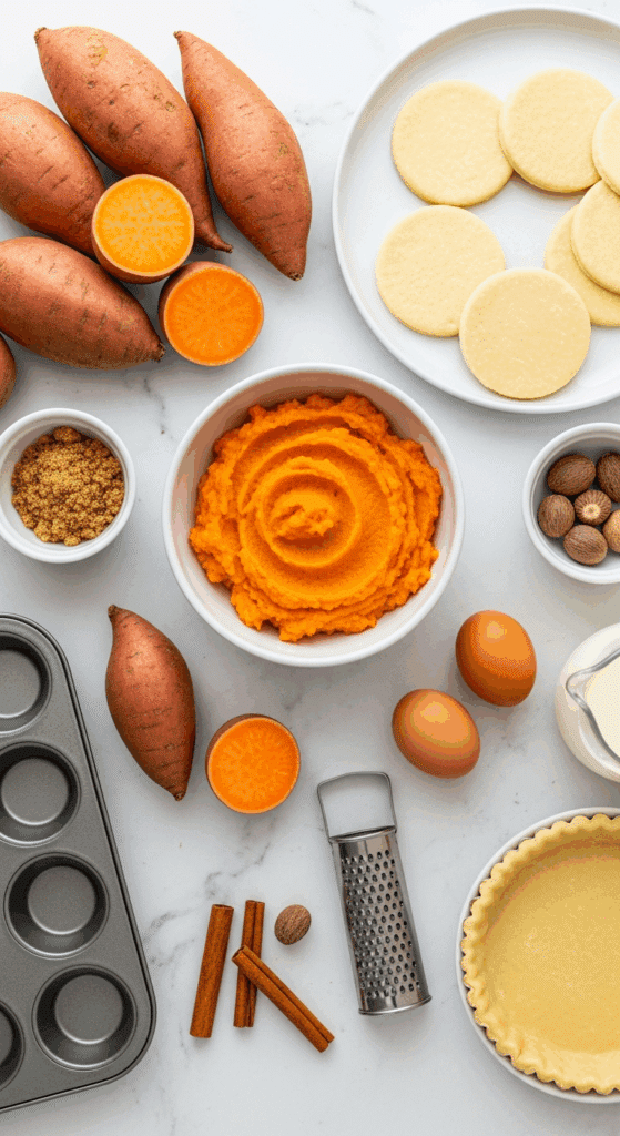 Overhead view of ingredients for mini sweet potato pies: sweet potatoes, pie dough discs, brown sugar, spices, eggs, and a muffin tin arranged on a marble surface.