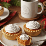 Two mini sweet potato pies topped with whipped cream served on a plate with a fork, set against a cozy holiday background with coffee.