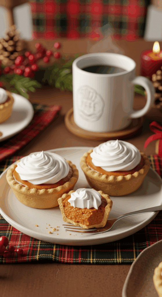 Two mini sweet potato pies topped with whipped cream served on a plate with a fork, set against a cozy holiday background with coffee.