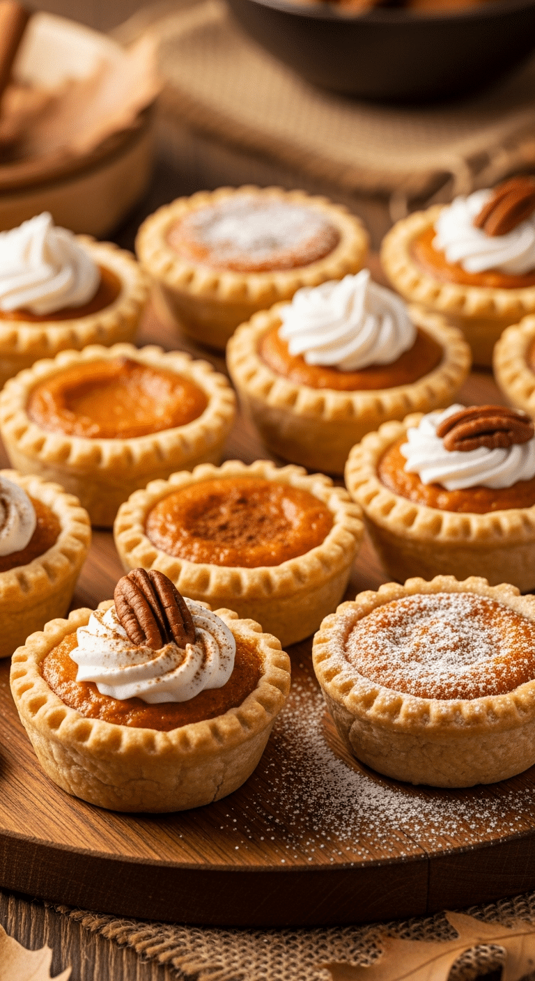 A close-up photograph of freshly baked mini sweet potato pies on a rustic wooden board, some garnished with whipped cream and pecans, showing flaky crusts and rich orange filling.