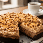 Whole German Chocolate Pie on a counter with a slice missing, served with coffee.