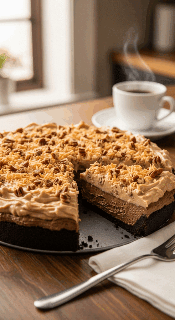 Whole German Chocolate Pie on a counter with a slice missing, served with coffee.