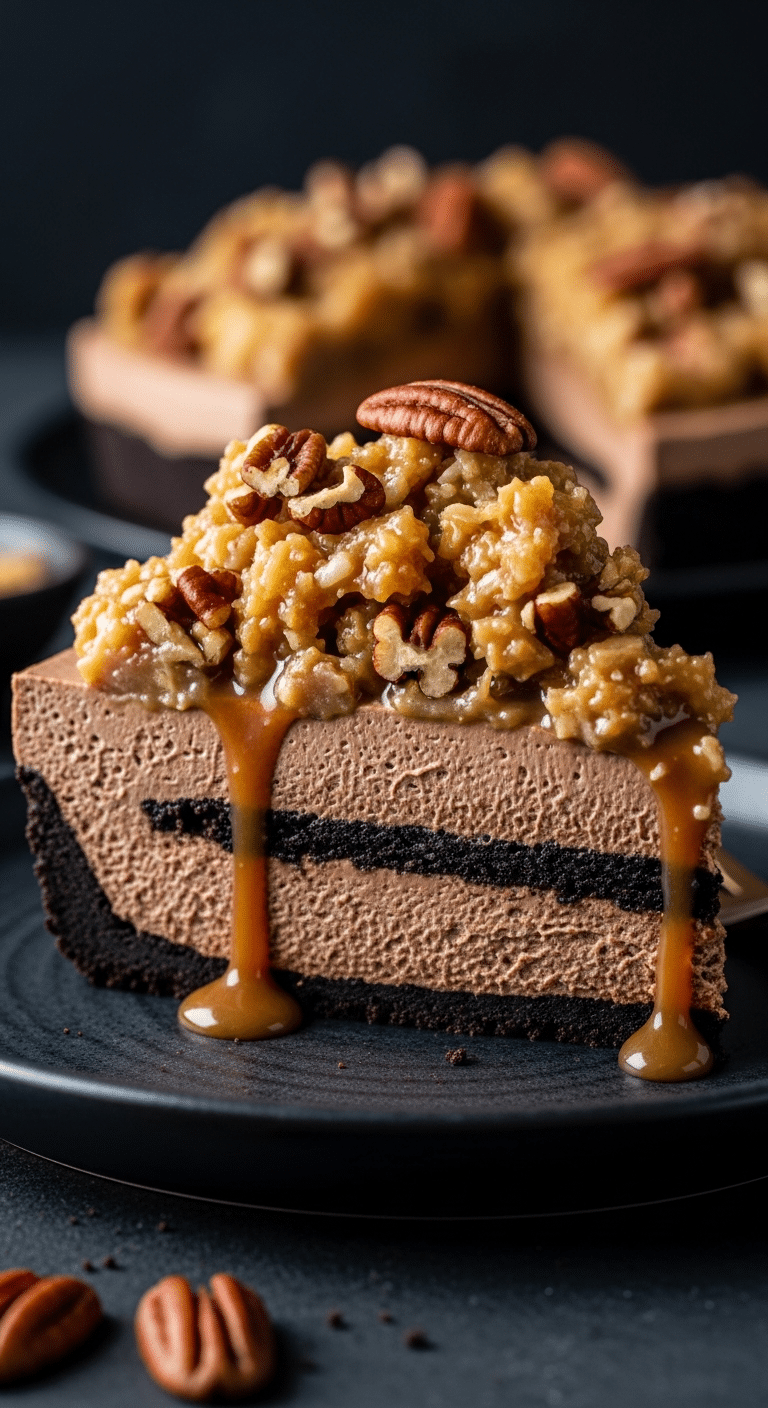 Slice of no-bake German chocolate pie with chocolate mousse filling and coconut pecan topping.