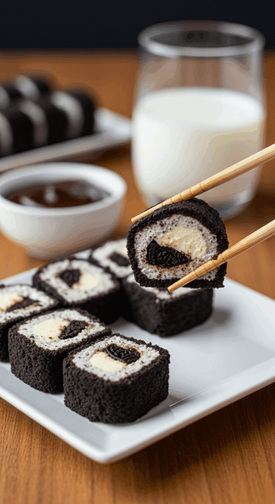 A slice of Oreo cheesecake sushi being lifted by chopsticks from a plate, with a bowl of chocolate sauce in the background.