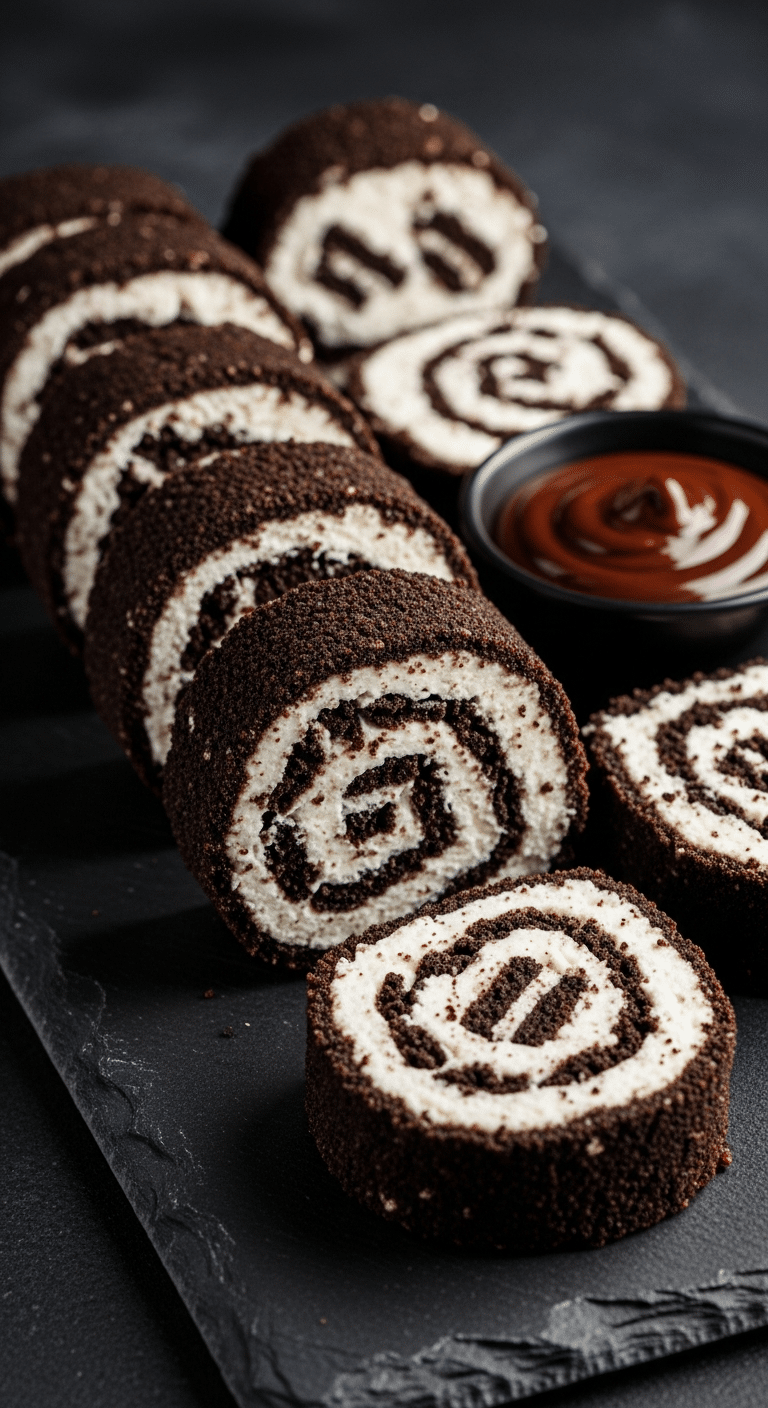 Sliced Oreo Cream Cheese Cheesecake rolls arranged on a slate board, showing the dark cookie crust and white creamy filling, accompanied by chocolate dipping sauce.