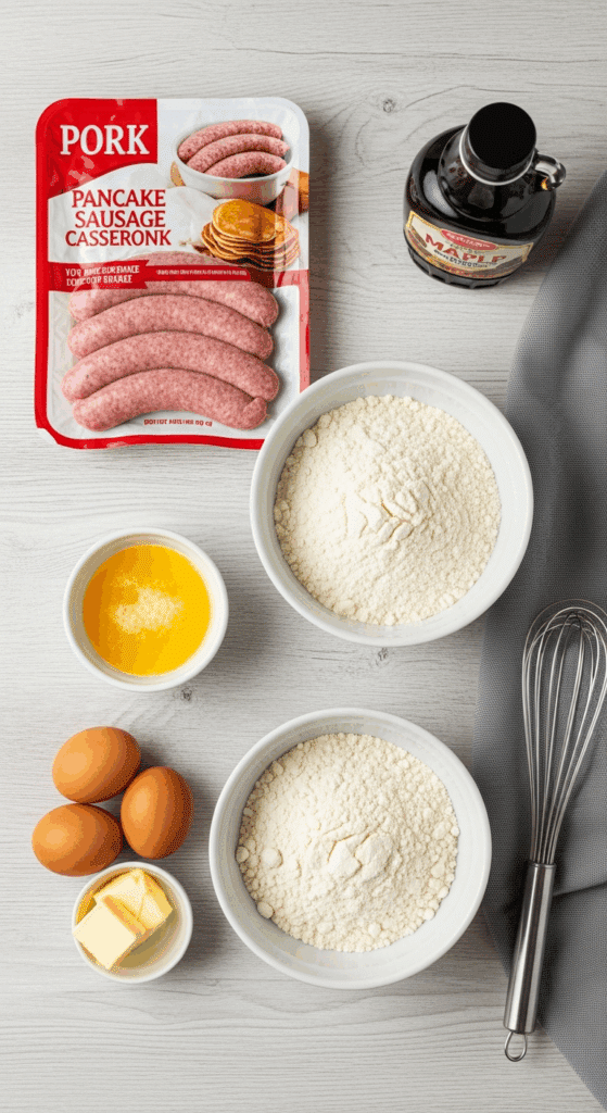 Overhead view of breakfast ingredients for a casserole: raw sausage links, pancake mix in a bowl, eggs, milk, butter, and a bottle of syrup on a wooden table.