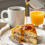 A slice of pancake sausage casserole on a plate with syrup being poured over it, served on a breakfast table with coffee and juice in the background.