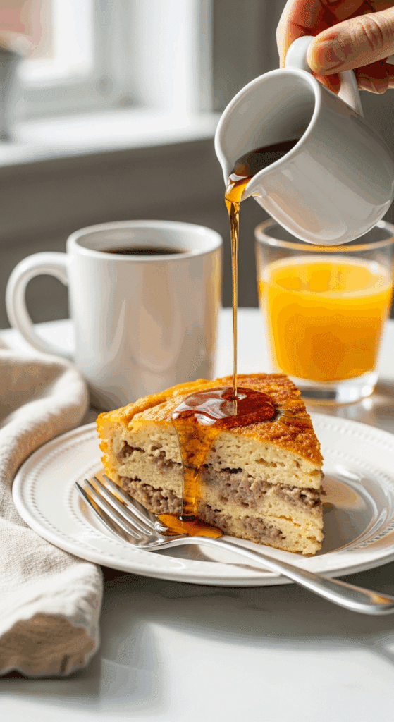 A slice of pancake sausage casserole on a plate with syrup being poured over it, served on a breakfast table with coffee and juice in the background.