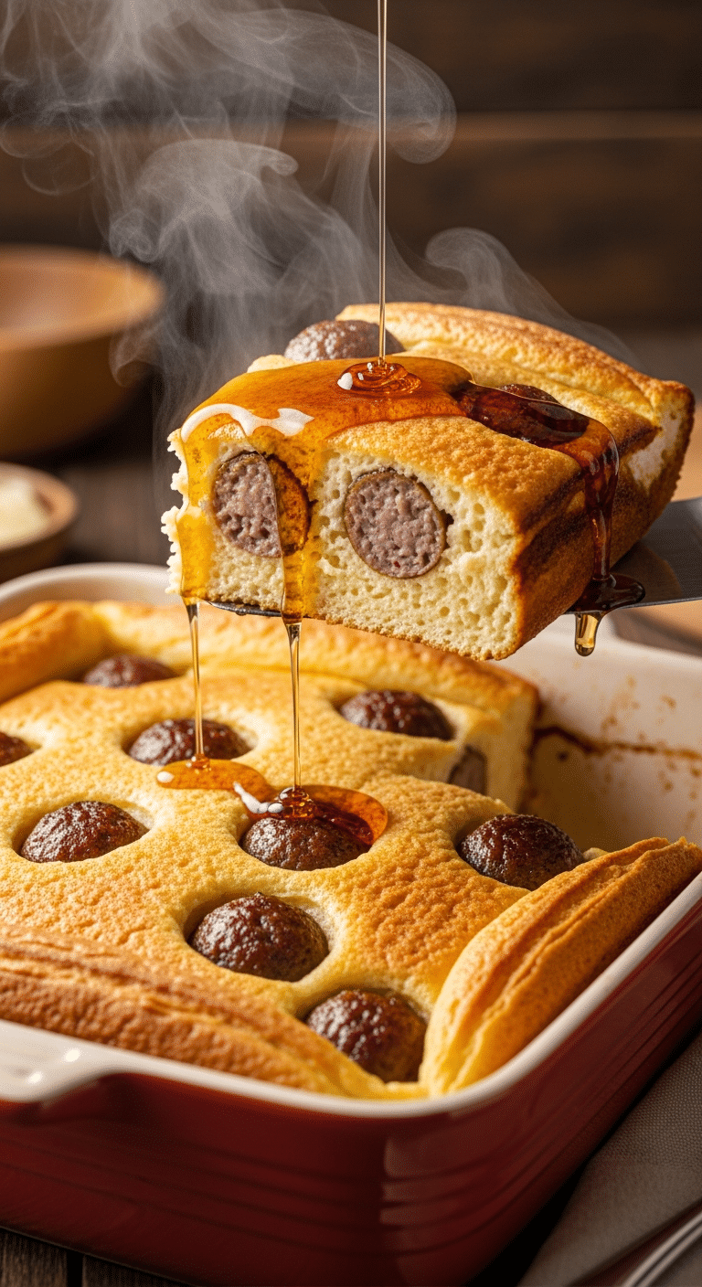 Freshly baked golden-brown pancake sausage casserole in a dish, with a slice being lifted to show the fluffy interior, steam, and a drizzle of maple syrup.