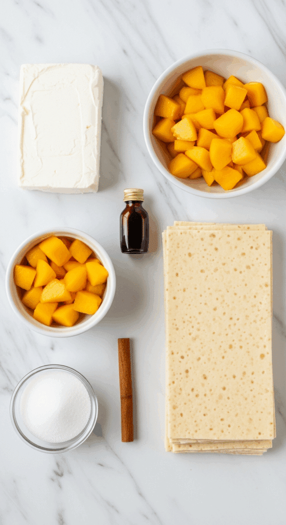 Ingredients for Peach Cheesecake Rolls arranged on a marble counter, including cream cheese, diced peaches, egg roll wrappers, sugar, and vanilla.