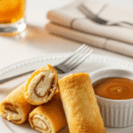 Plated Peach Cheesecake Rolls served with a side of caramel dipping sauce and a fork, ready to eat.